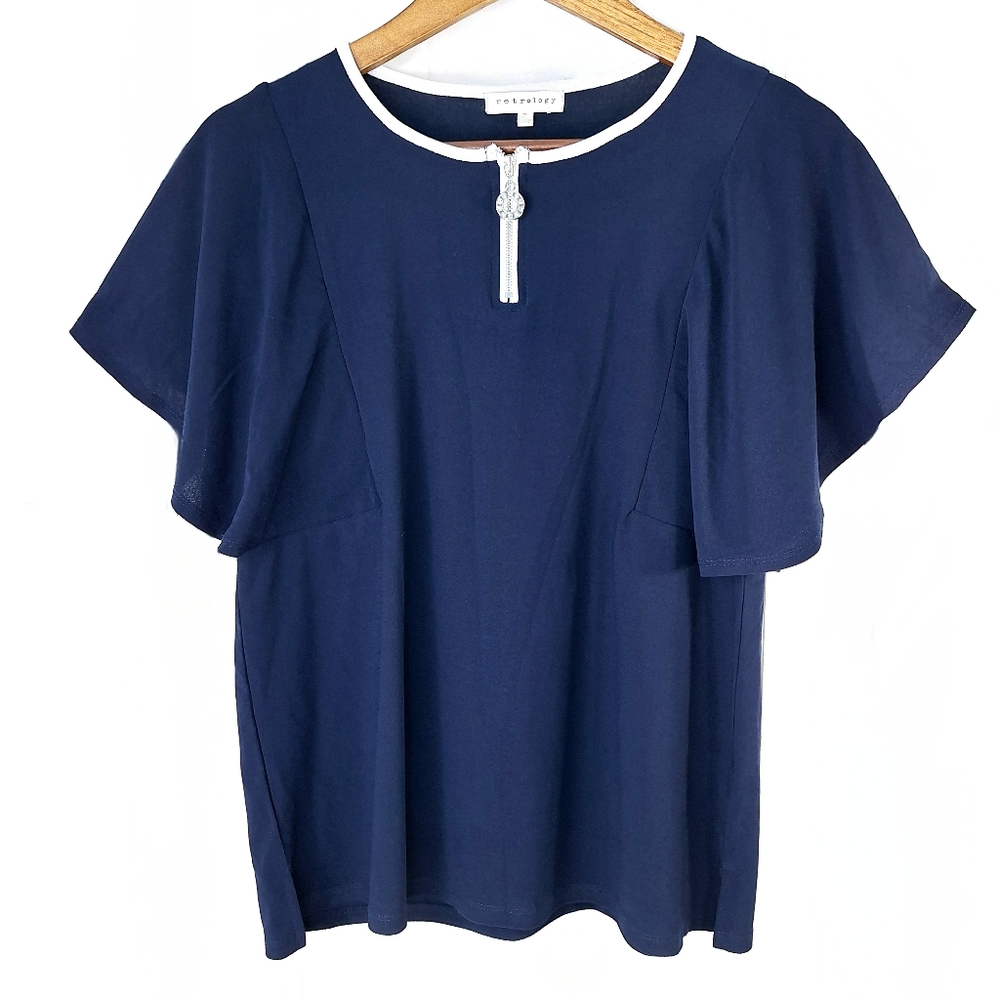 Retrology Navy Blue White Flutter Blouse Top CZ Eternity Circle Zip-Up Sz S